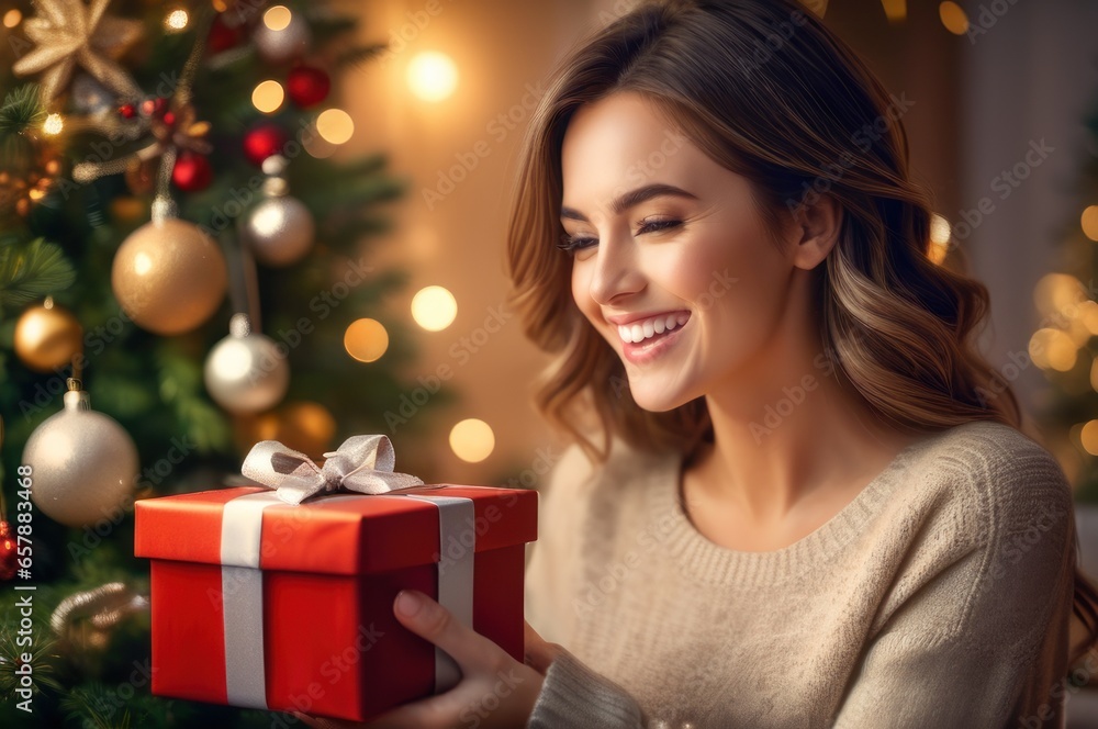 Curious happy romantic woman standing against Christmas tree background. Cheerful lady surprised of the present before the opening in the gift box. Marry Christmas and Happy Holidays Curious happy romantic woman standing against Christmas tree background. Cheerful lady surprised of the present before the opening in the gift box. Marry Christmas and Happy Holidays