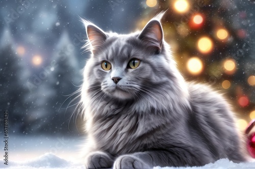 A fluffy gray cat sitting in the snow on Christmas eve. New year greeting card concept