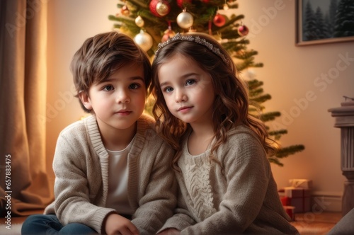 Happy little children waiting presents on Christmas morning. Two excited kids sitting on floor in beautiful  decorated living room and together waiting a Christmas miracle with wonderful Xmas gift