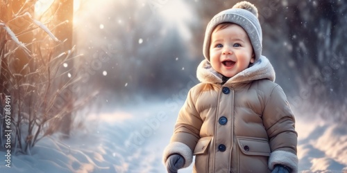Happy little baby boy making outdoors in winter. Cute toddler in winter cloth. Child having fun on cold day. Winter walk outdoors
