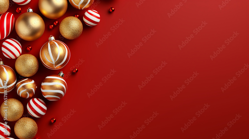 Christmas and New Year banner with Christmas bauble decorations on a red background, copy space, Generative AI Christmas and New Year banner with Christmas bauble decorations on a red background, copy space, Generative AI