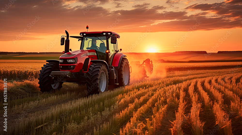 Fototapeta premium Tractor in the field under sunset light, tillage in spring, preparation for sowing.