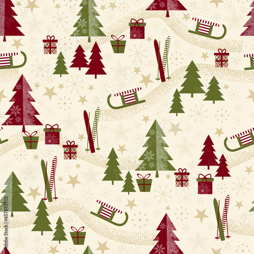 Merry christmas pattern with snowflakes, christmas trees nad christmas elements