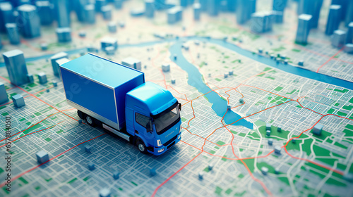 Gps tracking from top view moving truck with container on a map.	
