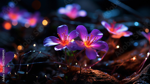 Fluorescent flowers in nature at night  fantasy scene  wallpaper background