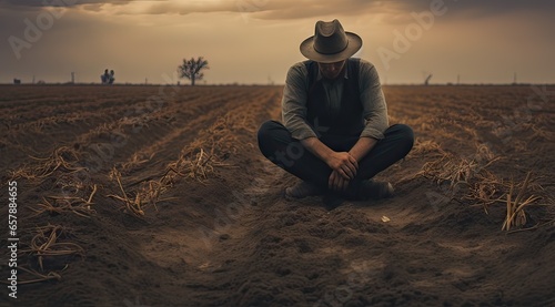 farmer sitting on the field floor looking down with all the dead plants, climate change concept