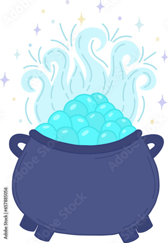 Witch is cauldron, a magic pot for Halloween with a blue potion. Vector steel cauldron with boiling magic brew or steaming slime. An isolated evil item for a wizard, enchantress or sorceress