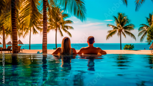 Couple enjoying beach vacation holidays at tropical resort with swimming pool and coconut palm trees near the coast with beautiful landscape. © Александр Марченко