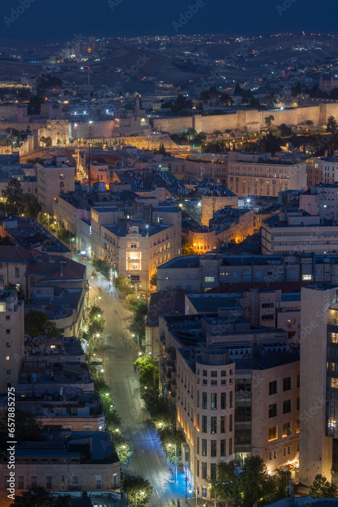 Obraz premium Jaffa street in Jerusalem. Night aerial view