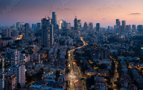 Tel Aviv and Ramat Gan aerial view. Israeli big city at evening