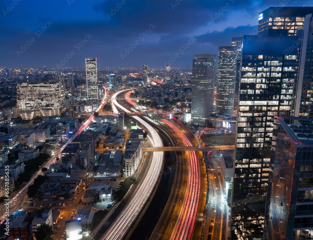 Fototapeta premium Tel Aviv night aerial view. Ayalon highway, long exposure
