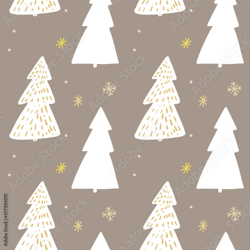 Christmas tree pattern, seamless background for winter holidays design. White pine silhouettes on brown kraft paper, vector repeated tile