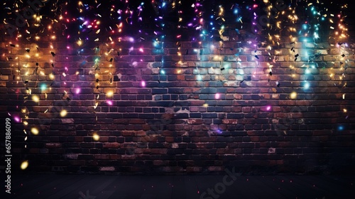 Dark brick wall multi-colored lights and confetti, festive background, noen light. Generation AI