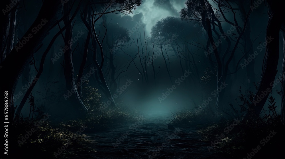 Fototapeta premium Dark gloomy night forest. Generation AI