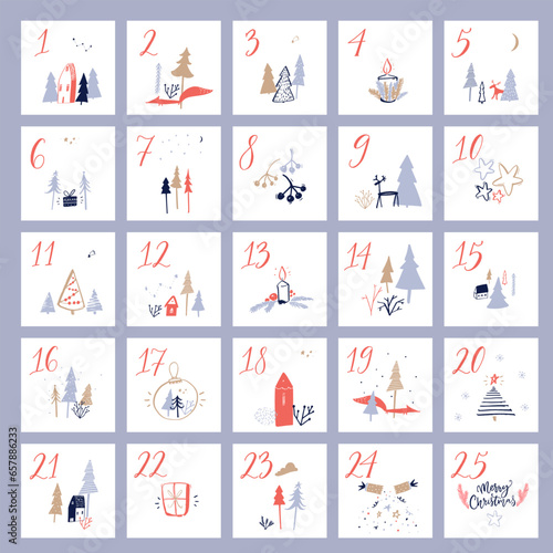 Advent calendar, 24 days till Christmas. Square vector template with hand drawn doodles of houses, fox, decorated tree and giftson white background.