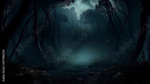 Dark gloomy night forest. Generation AI