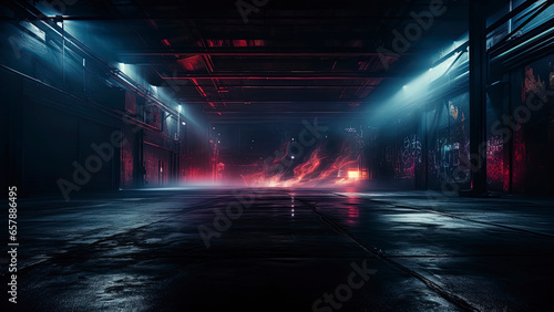 Dark street, smog smoke, neon light. Generation AI © MiaStendal