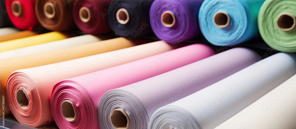 Machine made rolls of cotton fabric for clothing manufacturing - obrazy, fototapety, plakaty 