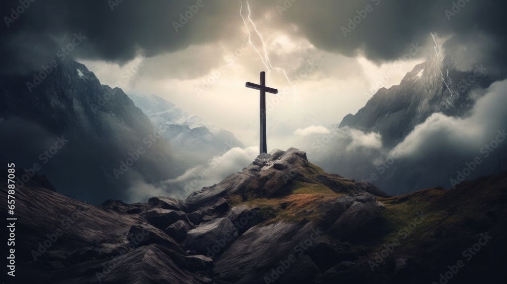 Divine Summit: A Photorealistic Rendering of a Cross Over Mountain and Clouds Divine Summit: A Photorealistic Rendering of a Cross Over Mountain and Clouds