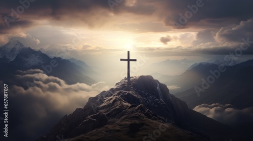 Divine Summit: A Photorealistic Rendering of a Cross Over Mountain and Clouds © bomoge.pl