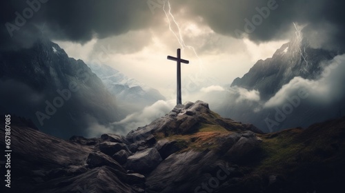 Divine Summit: A Photorealistic Rendering of a Cross Over Mountain and Clouds