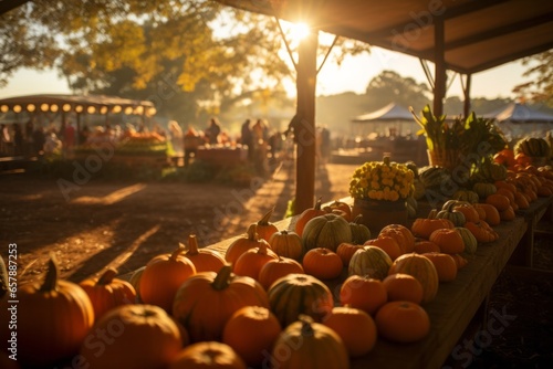 Bountiful Harvest: A Farmer's Market Overflowing with Pumpkins and Baskets