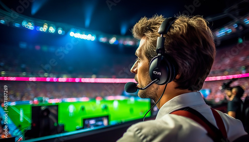 Football commentator of the final football match of the World Cup. photo