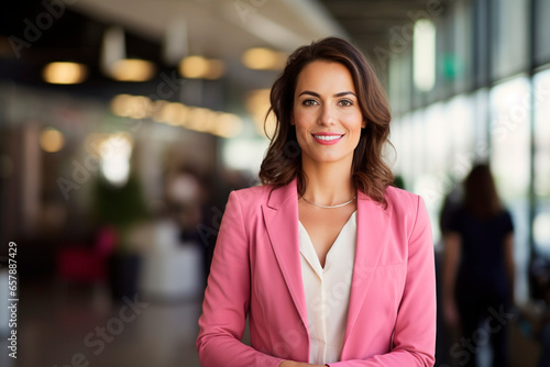 smilling, Business woman wearing pink blazer with office background 