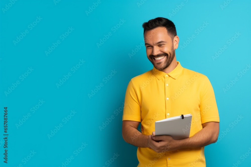 Inspired Thoughts: Man with Notebook Against a Yellow Background Inspired Thoughts: Man with Notebook Against a Yellow Background