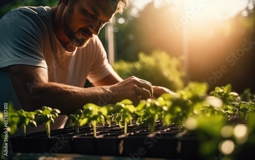 Man working in greenhouse. Generative AI