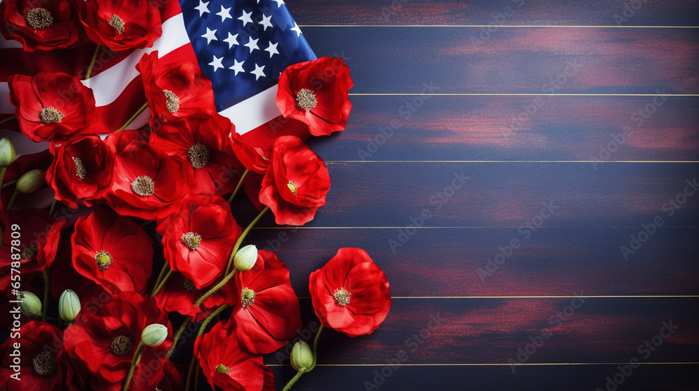 American flag and red poppy flowers. Memorial Day, Honoring and Remembering. Veterans Day - obrazy, fototapety, plakaty 