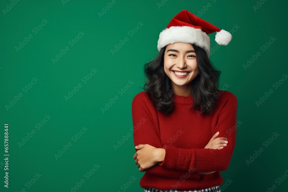 Portrait of young Asian woman with positive expression, arms crossed, smiling broadly, wearing Christmas clothes and Christmas look, generative ai Portrait of young Asian woman with positive expression, arms crossed, smiling broadly, wearing Christmas clothes and Christmas look, generative ai