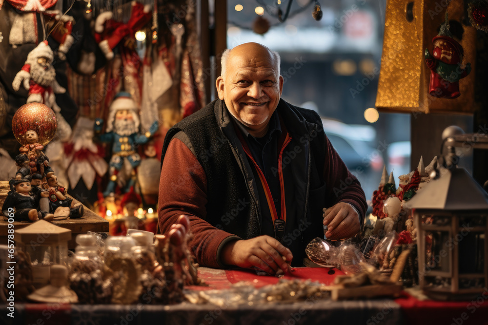 Vendor selling traditional holiday crafts and ornaments at a Christmas market stall - obrazy, fototapety, plakaty 