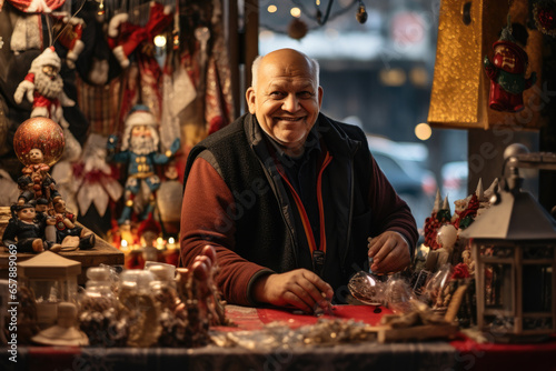 Vendor selling traditional holiday crafts and ornaments at a Christmas market stall