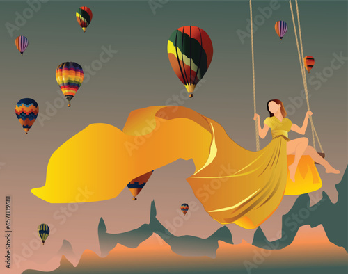 Vintage Air balloons in the sky, Vector Background. air balloons with a background of mountains travel poster with air balloons