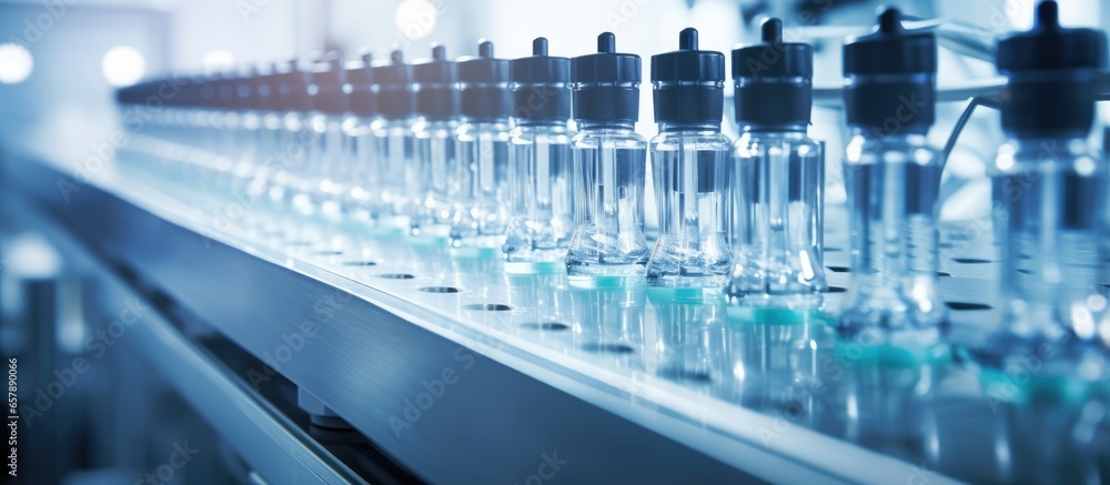 Glass ampoules being filled in a modern pharmaceutical factory during medication manufacturing process Glass ampoules being filled in a modern pharmaceutical factory during medication manufacturing process