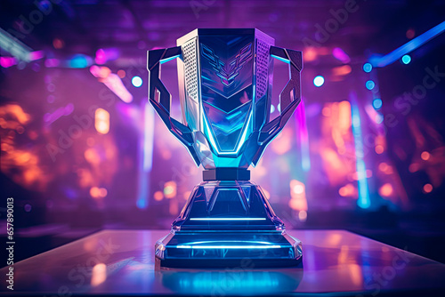 The esports winner trophy standing on the stage in the middle of the arena of the computer video game championship. Two rows of PCs for competing teams. Stylish neon lights with a cool design. photo