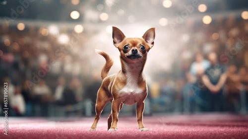 Pedigreed purebred Chihuahua dog at exhibition of purebred dogs. Dog show. Animal exhibition. Competition for the most purebred dog. Winner, first place. beige color. Advertising, banner, poster card photo