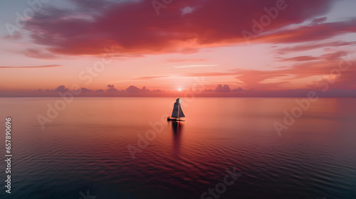 Mesmerizing hues of a vibrant sunset over a tranquil sea. Aerial view capturing nature's canvas at its most breathtaking