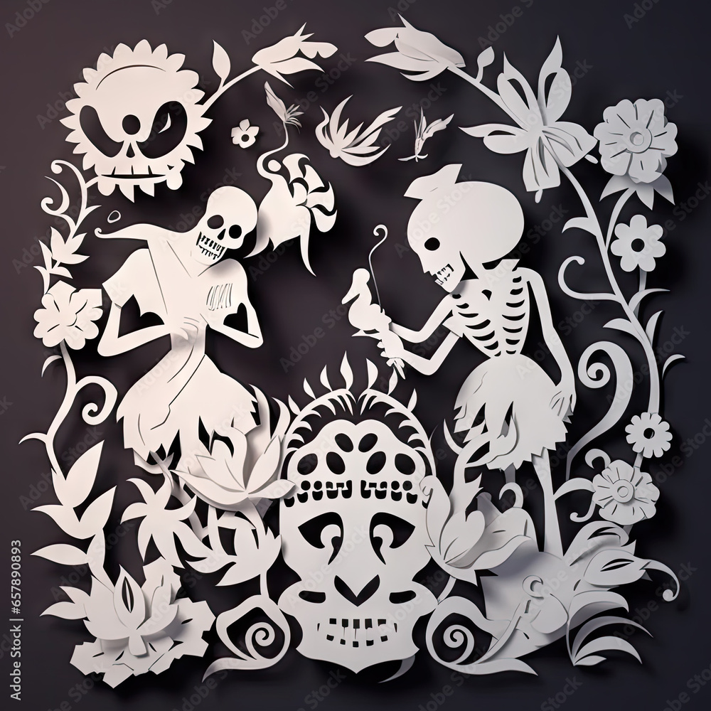 Papel picado Paper cut art, handcraft with pictures for day of the dead mexican celebration. White skeleton figures among flat flowers on black background.