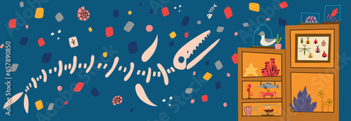 The interior of the historical museum with a dinosaur skeleton and archaeological exhibits. Vector cartoon illustration of the exhibition of paleontology and archeology