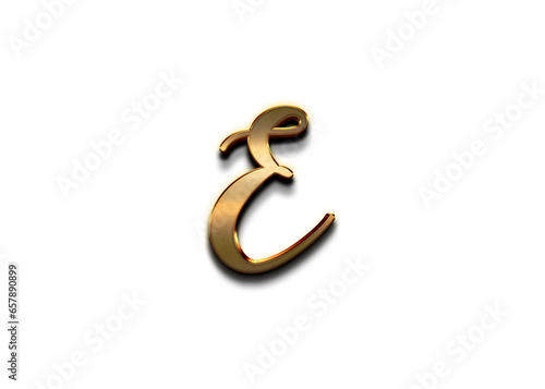 Gold 3D – letter E of the alphabet in capital letters on isolated white background.