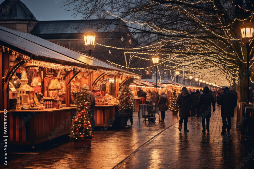 Christmas market with people shopping for holiday gifts and enjoying festive treats