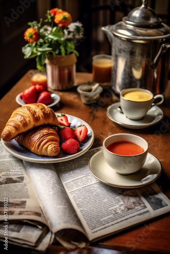 French breakfast with coffe  strawberries  croissants and a cup of tea while reading the newpaper