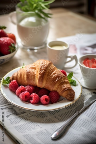French fruity breakfast with raspberries and a croissant, pastry, esspresso