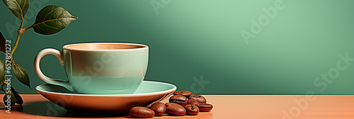 Bunte Kaffeetasse in passenden Hintergrund grün als Poster in Querformat für Banner mit Textfreiraum, ai generativ