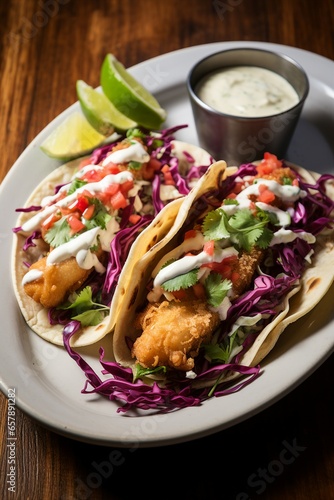 Packed Tacos with baked fish chicken and cabbage, topped with lime juice and sauce