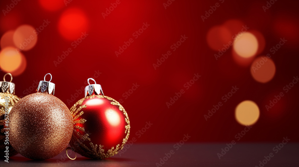 Fototapeta premium Beautiful red shiny christmas spheres with blurred christmas background of bokeh lights, Generative AI