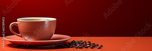 Bunte Kaffeetasse in passenden Hintergrund als Poster in rot Querformat für Banner mit Textfreiraum, ai generativ