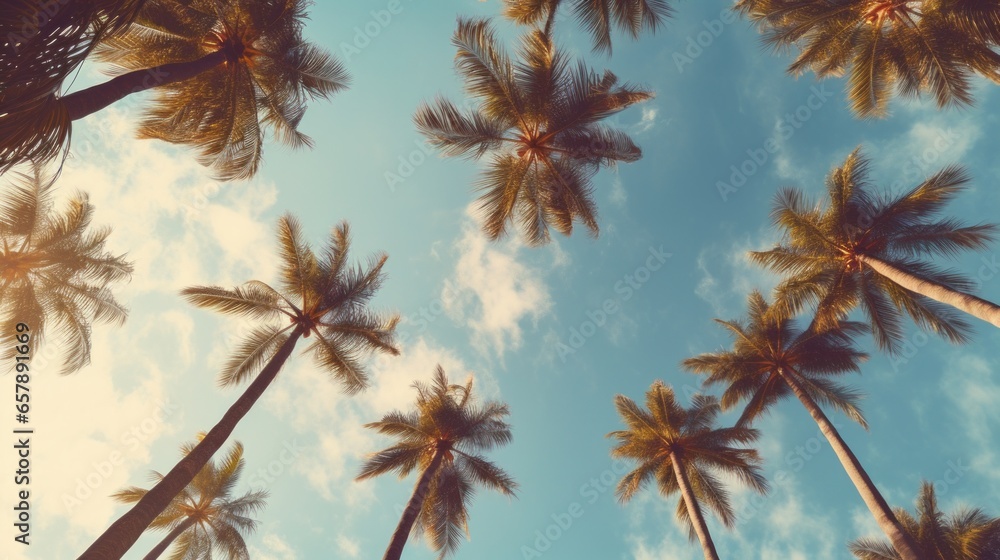 Obraz premium Looking Up at Palm Trees on a Blue Sky, Rendered in the Retro Vintage Aesthetic